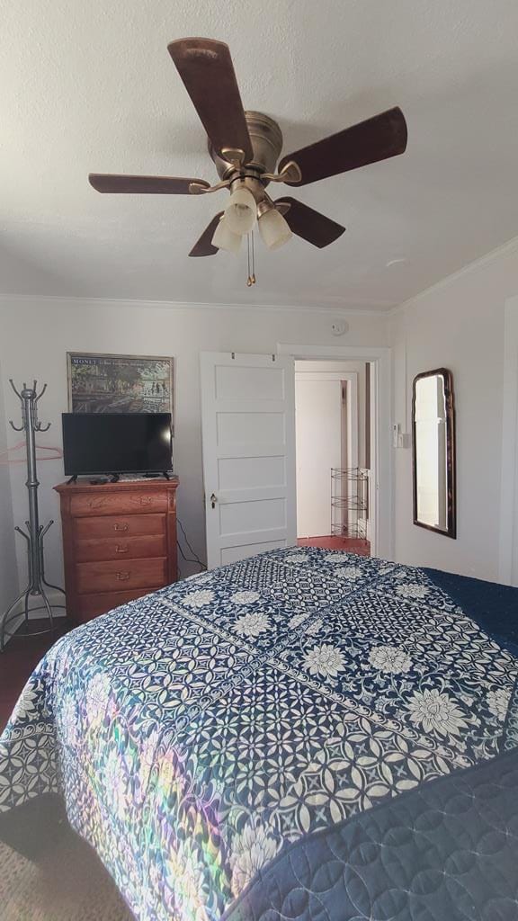 bedroom featuring ceiling fan and ornamental molding