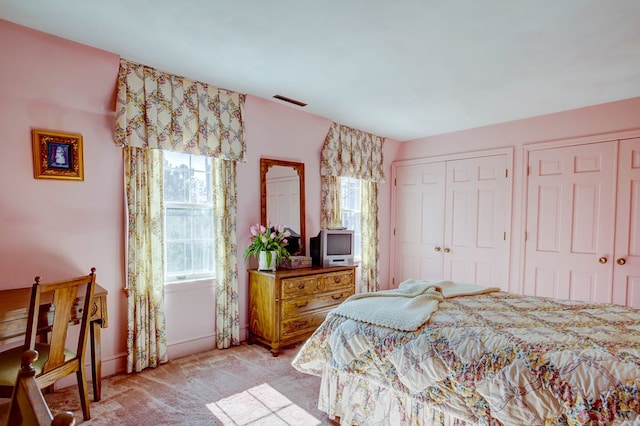 carpeted bedroom with two closets