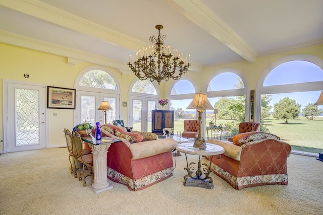 living room featuring light carpet, an inviting chandelier, french doors, beamed ceiling, and a healthy amount of sunlight