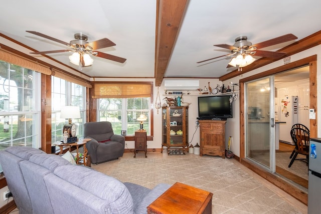 31510 Sunset Dr, Painter, VA 23420 - living room featuring baseboards, a wall mounted air conditioner, ceiling fan, and beamed ceiling