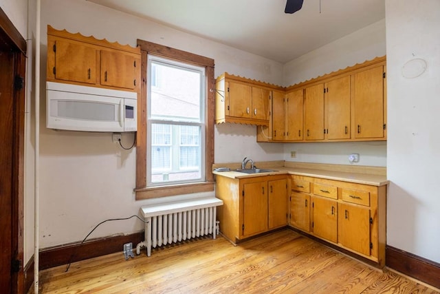205 Monroe Ave, Cape Charles, VA 23310 - kitchen with radiator, white microwave, a sink, light countertops, and light wood-style flooring