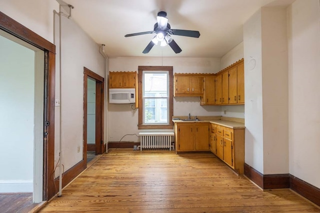 205 Monroe Ave, Cape Charles, VA 23310 - kitchen featuring radiator, white microwave, light countertops, a sink, and light wood finished floors