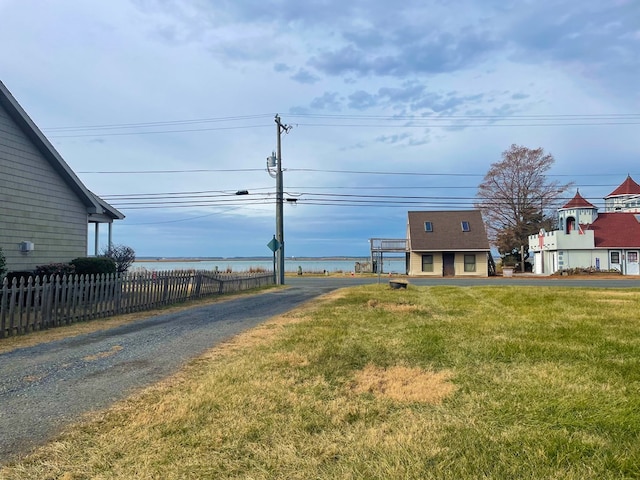 view of street with a water view