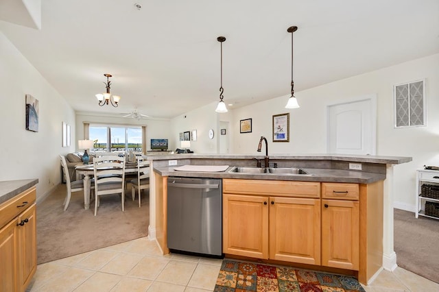 kitchen featuring ceiling fan with notable chandelier, light colored carpet, sink, decorative light fixtures, and dishwasher