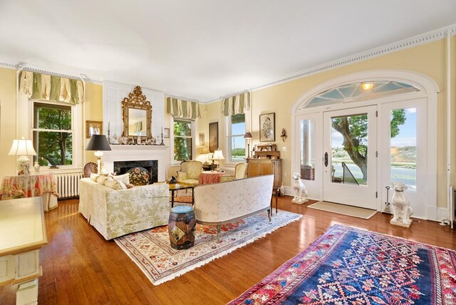 306 Bay Ave, Cape Charles, VA 23310 - living room with radiator heating unit, wood finished floors, a fireplace, and ornamental molding