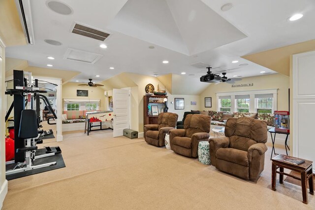 306 Bay Ave, Cape Charles, VA 23310 - carpeted living area featuring ceiling fan, attic access, lofted ceiling, and recessed lighting