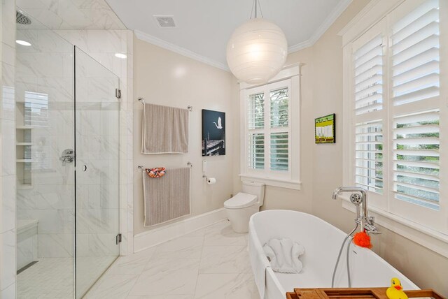 306 Bay Ave, Cape Charles, VA 23310 - full bath featuring marble look tile flooring, a freestanding bath, plenty of natural light, a stall shower, and crown molding
