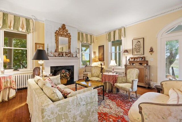 306 Bay Ave, Cape Charles, VA 23310 - living room featuring radiator, wood-type flooring, a premium fireplace, and ornamental molding