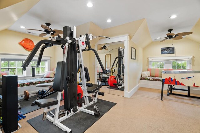 306 Bay Ave, Cape Charles, VA 23310 - workout room with ceiling fan, vaulted ceiling, recessed lighting, baseboards, and carpet flooring