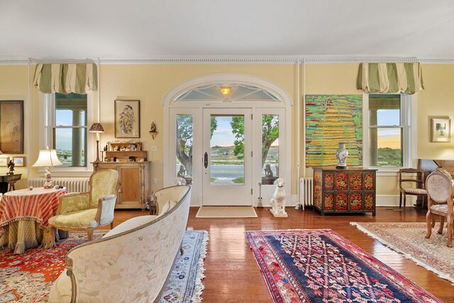 306 Bay Ave, Cape Charles, VA 23310 - living area featuring radiator heating unit, wood finished floors, and ornamental molding