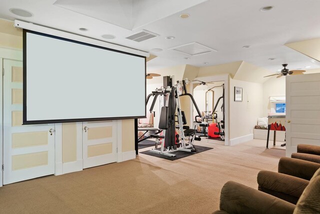 306 Bay Ave, Cape Charles, VA 23310 - workout area featuring attic access, light carpet, baseboards, a ceiling fan, and recessed lighting