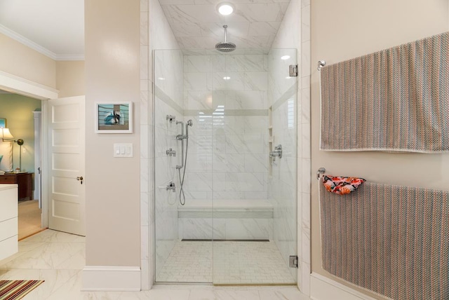 306 Bay Ave, Cape Charles, VA 23310 - bathroom featuring a stall shower, marble look tiles, crown molding, and baseboards