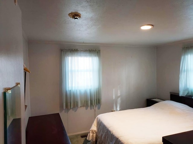 bedroom featuring carpet flooring and a textured ceiling