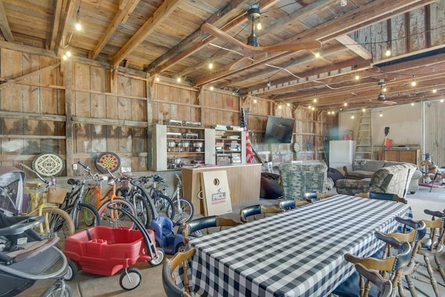 interior space featuring wooden walls