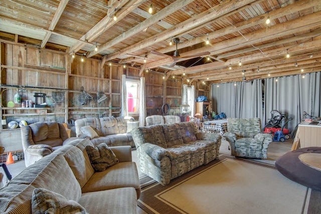 misc room featuring rail lighting and wooden ceiling