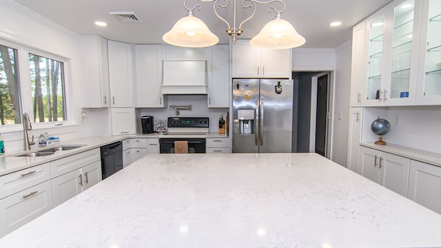 22170 Barnes Cir, Parksley, VA 23421 - kitchen with stainless steel refrigerator with ice dispenser, range with electric stovetop, a sink, dishwasher, and glass insert cabinets