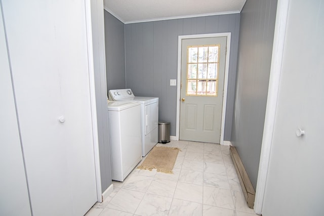 22170 Barnes Cir, Parksley, VA 23421 - washroom featuring washing machine and dryer, light marble finish flooring, ornamental molding, baseboards, and wooden walls