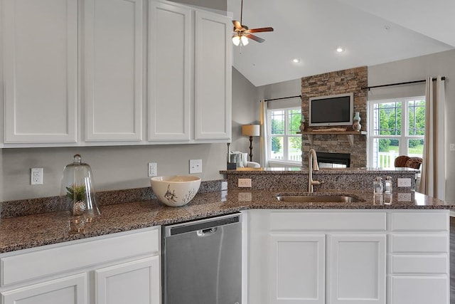 LOT884 Broadside Dr, Greenbackville, VA 23356 - kitchen with stainless steel dishwasher, a sink, white cabinets, ceiling fan, and lofted ceiling