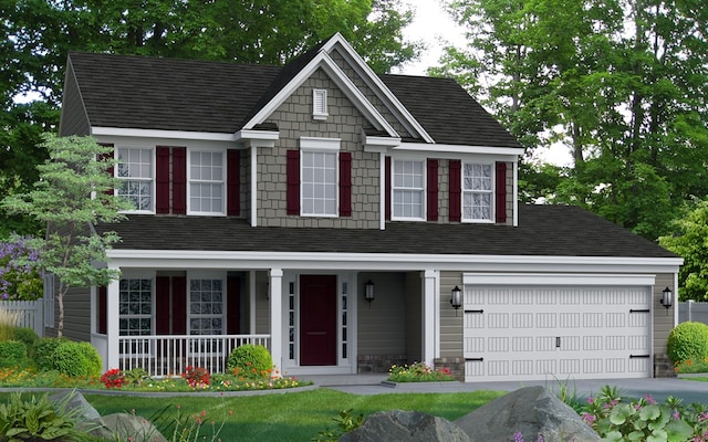 LOT884 Broadside Dr, Greenbackville, VA 23356 - view of front of house featuring a porch, a shingled roof, driveway, and a garage