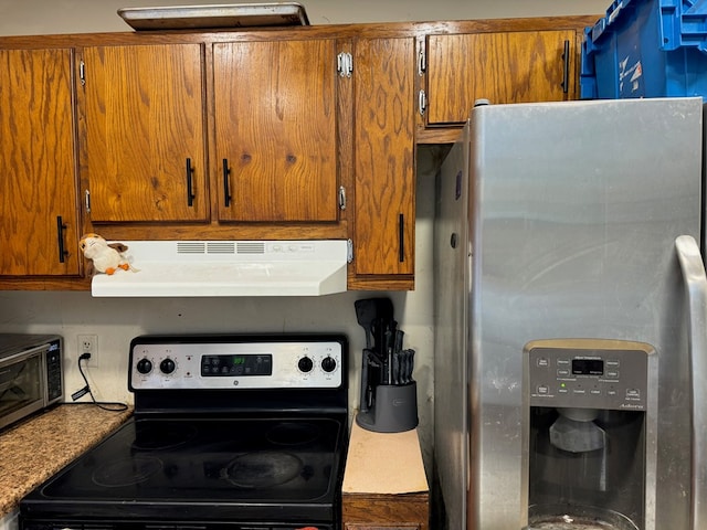 kitchen featuring stainless steel fridge with ice dispenser, electric stove, and exhaust hood