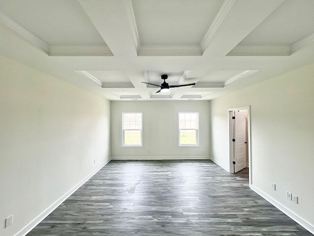 27212 Castle Row, Cape Charles, VA 23310 - unfurnished room with coffered ceiling, a ceiling fan, dark wood-style floors, beamed ceiling, and crown molding