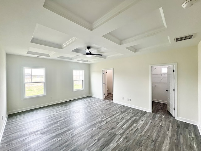 27212 Castle Row, Cape Charles, VA 23310 - unfurnished bedroom featuring dark wood-style floors, a spacious closet, coffered ceiling, beamed ceiling, and a ceiling fan