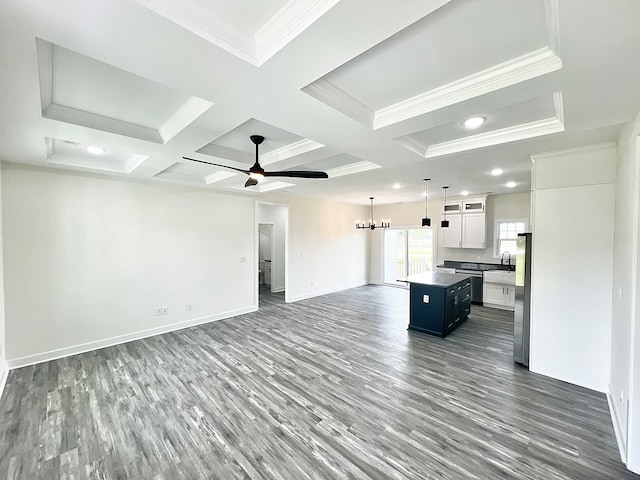 27212 Castle Row, Cape Charles, VA 23310 - unfurnished living room with wood finished floors, coffered ceiling, crown molding, beamed ceiling, and a ceiling fan