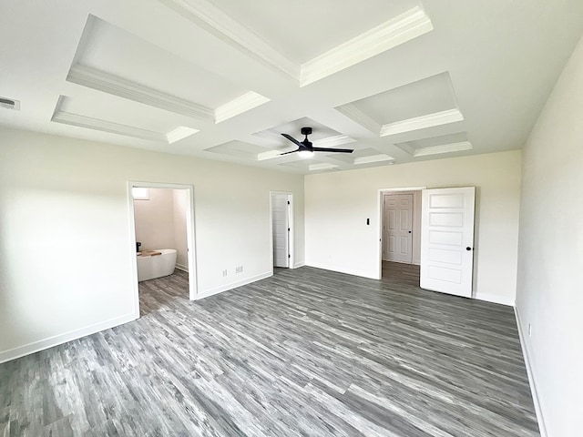 27212 Castle Row, Cape Charles, VA 23310 - unfurnished bedroom featuring wood finished floors, coffered ceiling, beamed ceiling, ceiling fan, and connected bathroom