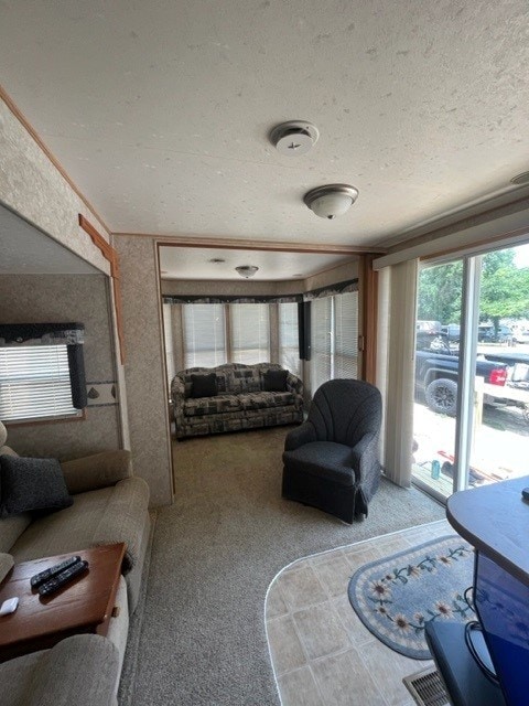 carpeted living room with a textured ceiling