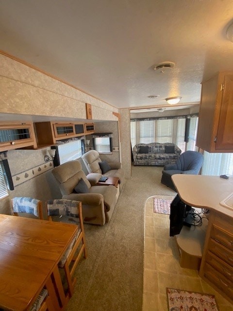 living room featuring carpet floors and vaulted ceiling