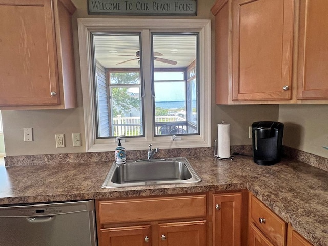 5061 Bay Colony Ln, Chincoteague, VA 23336 - kitchen with a sink, dishwasher, dark countertops, ceiling fan, and brown cabinetry
