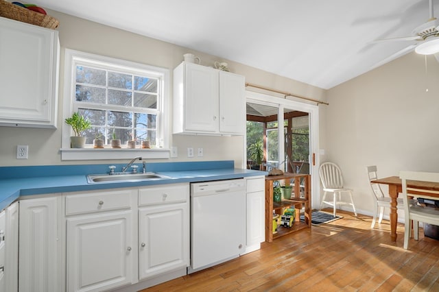 kitchen with dishwasher, ceiling fan, white cabinetry, and sink