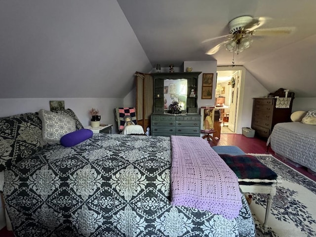 bedroom with ceiling fan and lofted ceiling