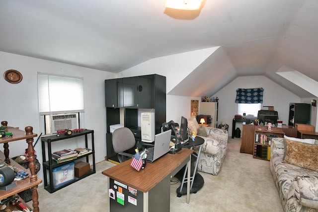 13091 Bethel Church Rd, Hallwood, VA 23359 - home office featuring light carpet, cooling unit, and vaulted ceiling