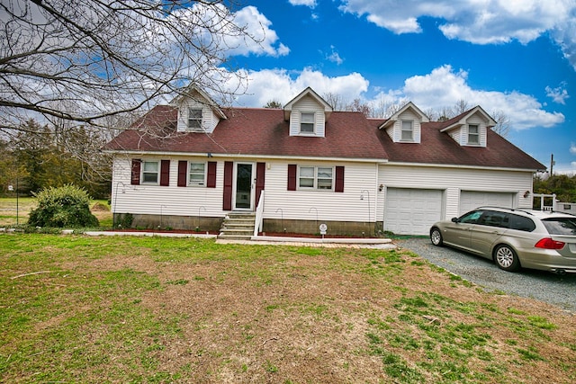 13091 Bethel Church Rd, Hallwood, VA 23359 - cape cod-style house featuring entry steps, an attached garage, gravel driveway, a front yard, and a shingled roof