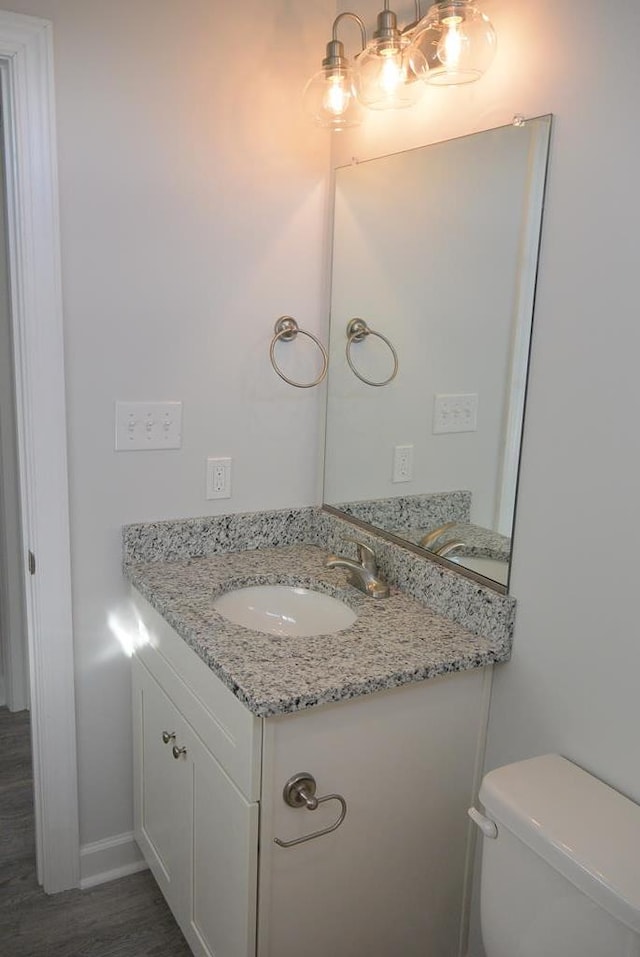 bathroom featuring vanity, wood-type flooring, and toilet