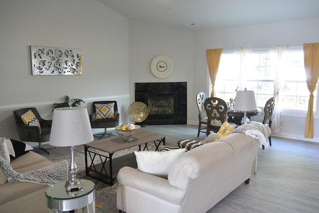 living room featuring a fireplace, light hardwood / wood-style floors, and plenty of natural light