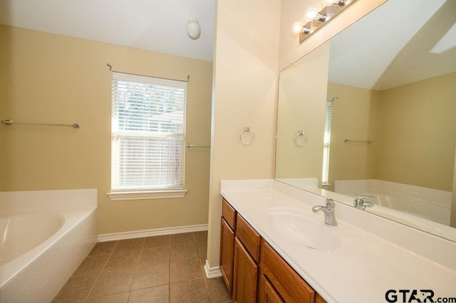 11017 Westhaven Cir, Flint, TX 75762 - full bath with vanity, a bath, tile patterned flooring, and lofted ceiling