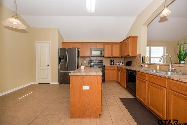 11017 Westhaven Cir, Flint, TX 75762 - kitchen with black appliances, vaulted ceiling, tasteful backsplash, a center island, and light tile patterned floors
