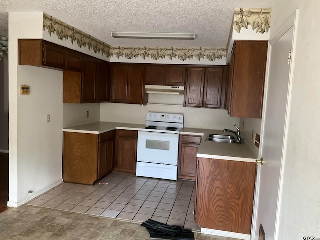 kitchen with light tile patterned floors, a textured ceiling, sink, and white range with electric stovetop