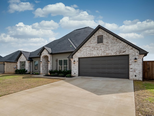 french provincial home with brick siding, concrete driveway, a garage, and a front yard