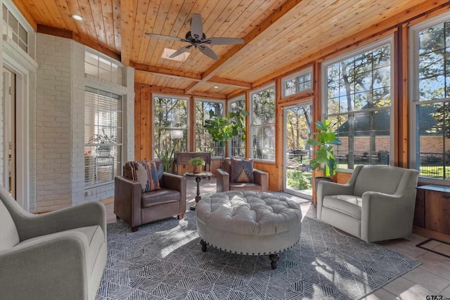 sunroom / solarium featuring beam ceiling, ceiling fan, and wooden ceiling