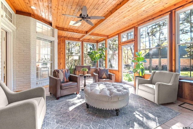 sunroom / solarium with wood ceiling, beamed ceiling, and ceiling fan