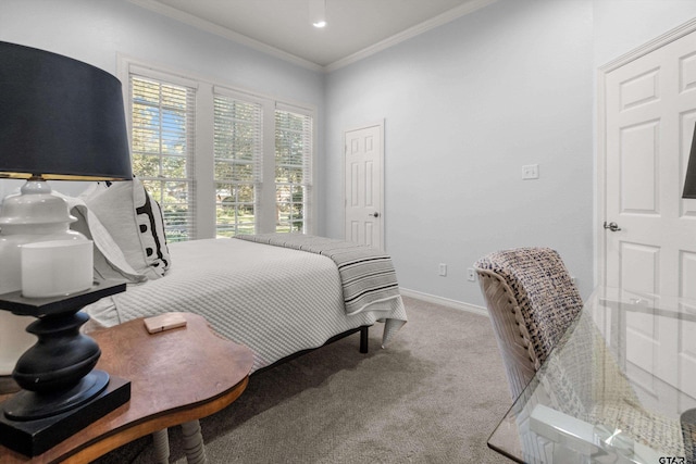 carpeted bedroom with ornamental molding