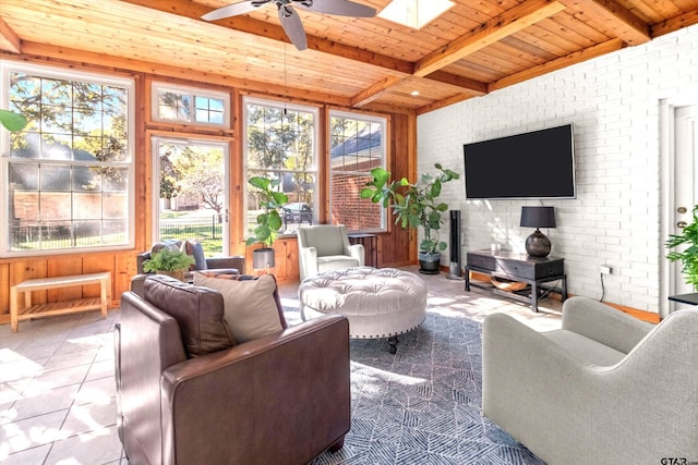 sunroom / solarium featuring beamed ceiling, wooden ceiling, and ceiling fan