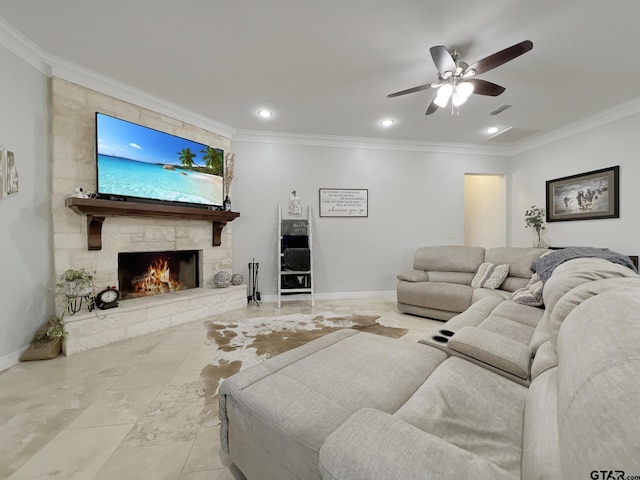 living room featuring a stone fireplace, ornamental molding, and ceiling fan