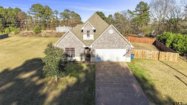 view of front of home with a garage and a front lawn