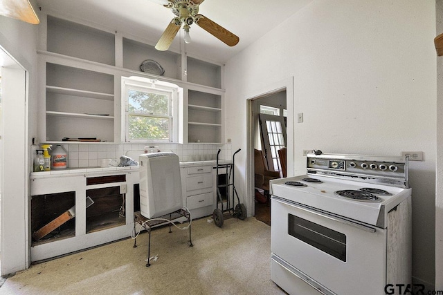 502 E Montgomery St, Crockett, TX 75835 - kitchen with electric range, open shelves, decorative backsplash, and ceiling fan