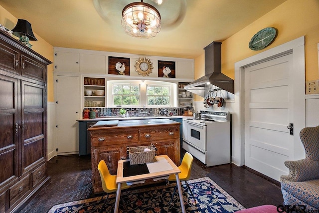 502 E Montgomery St, Crockett, TX 75835 - kitchen featuring white electric range oven, open shelves, island range hood, and dark brown cabinets