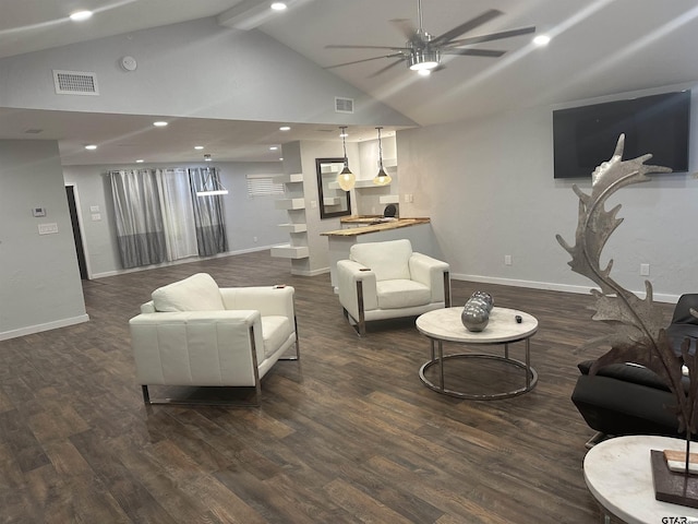 living room with ceiling fan, dark wood-type flooring, and high vaulted ceiling